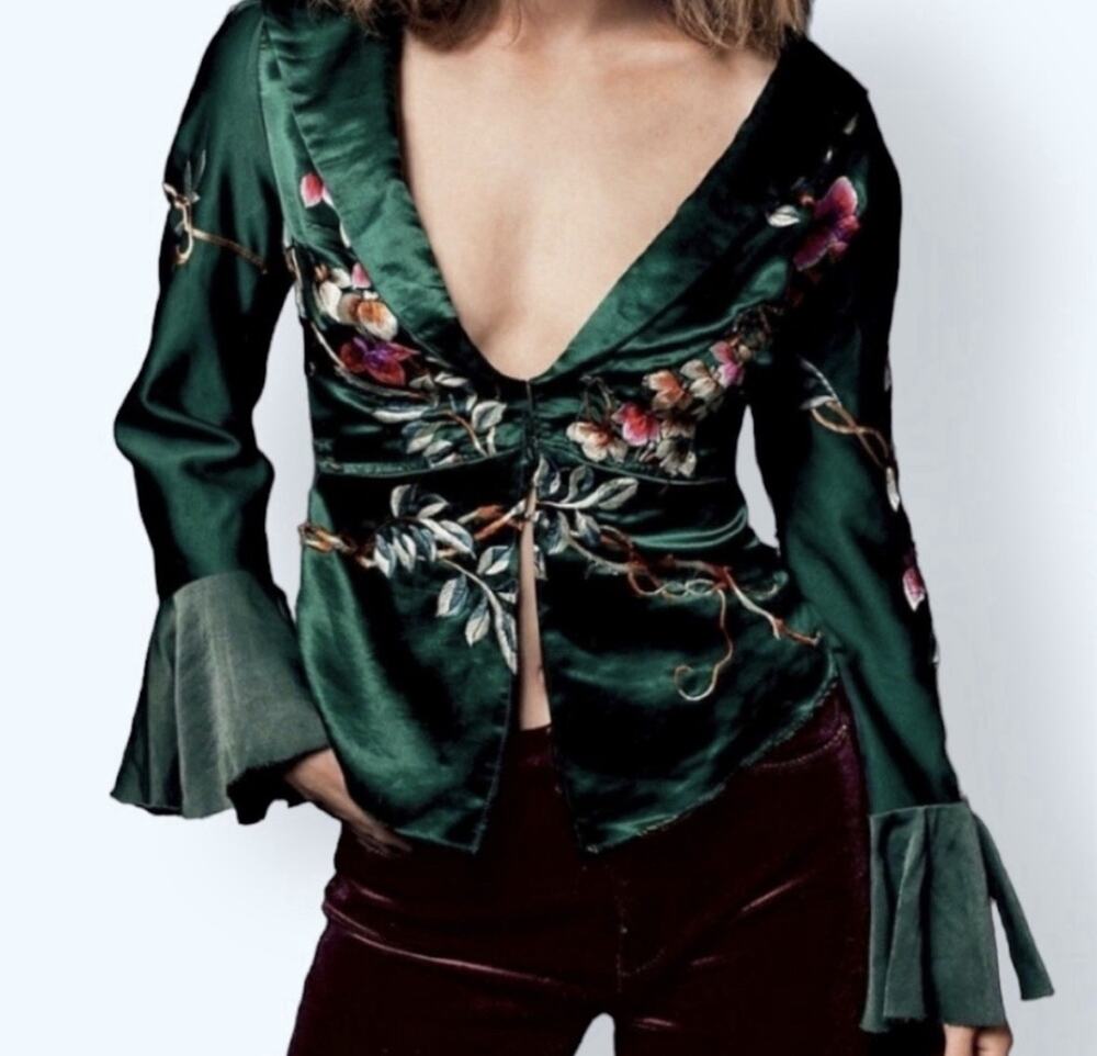 Free People Beautiful Dreams Embroidered Top Green Bohemian Size Small